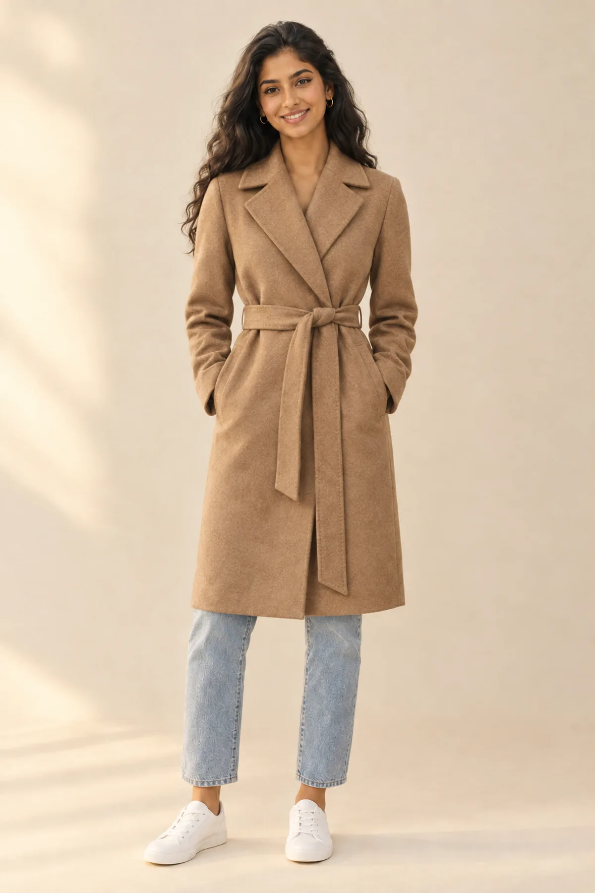 Layla, a fictional AI model, wearing a camel belted coat