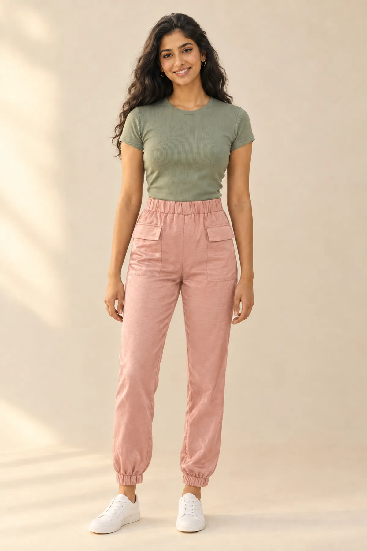 Layla, a fictional AI model, wearing satin jogger pants