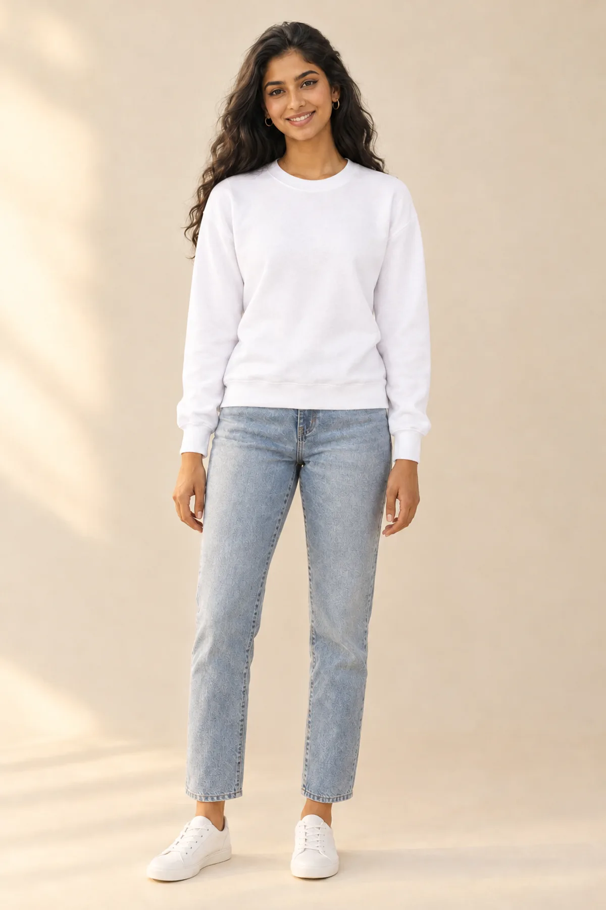Layla, a fictional AI model, wearing a white crewneck sweatshirt