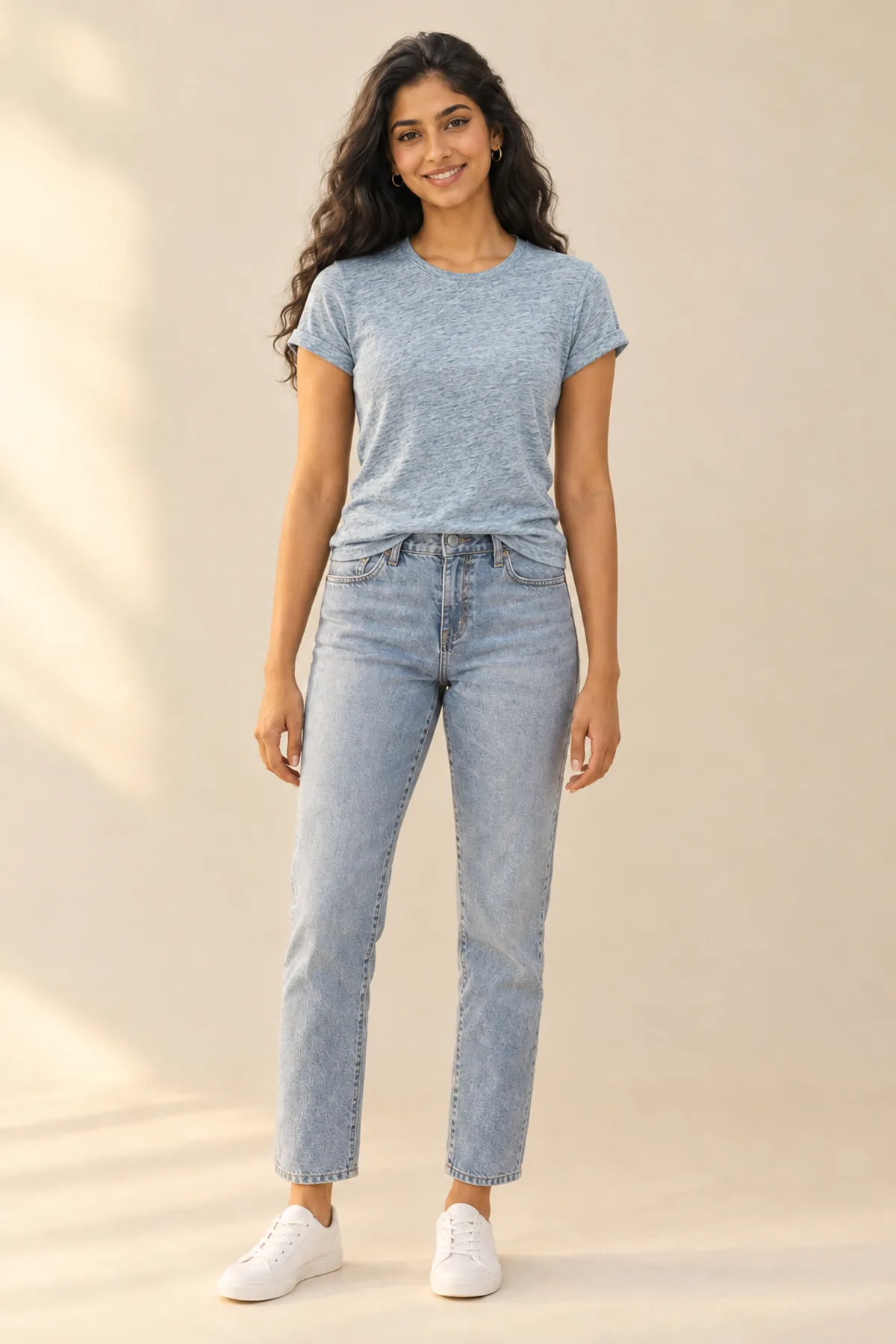 Layla, a fictional AI model, wearing a heather grey tee
