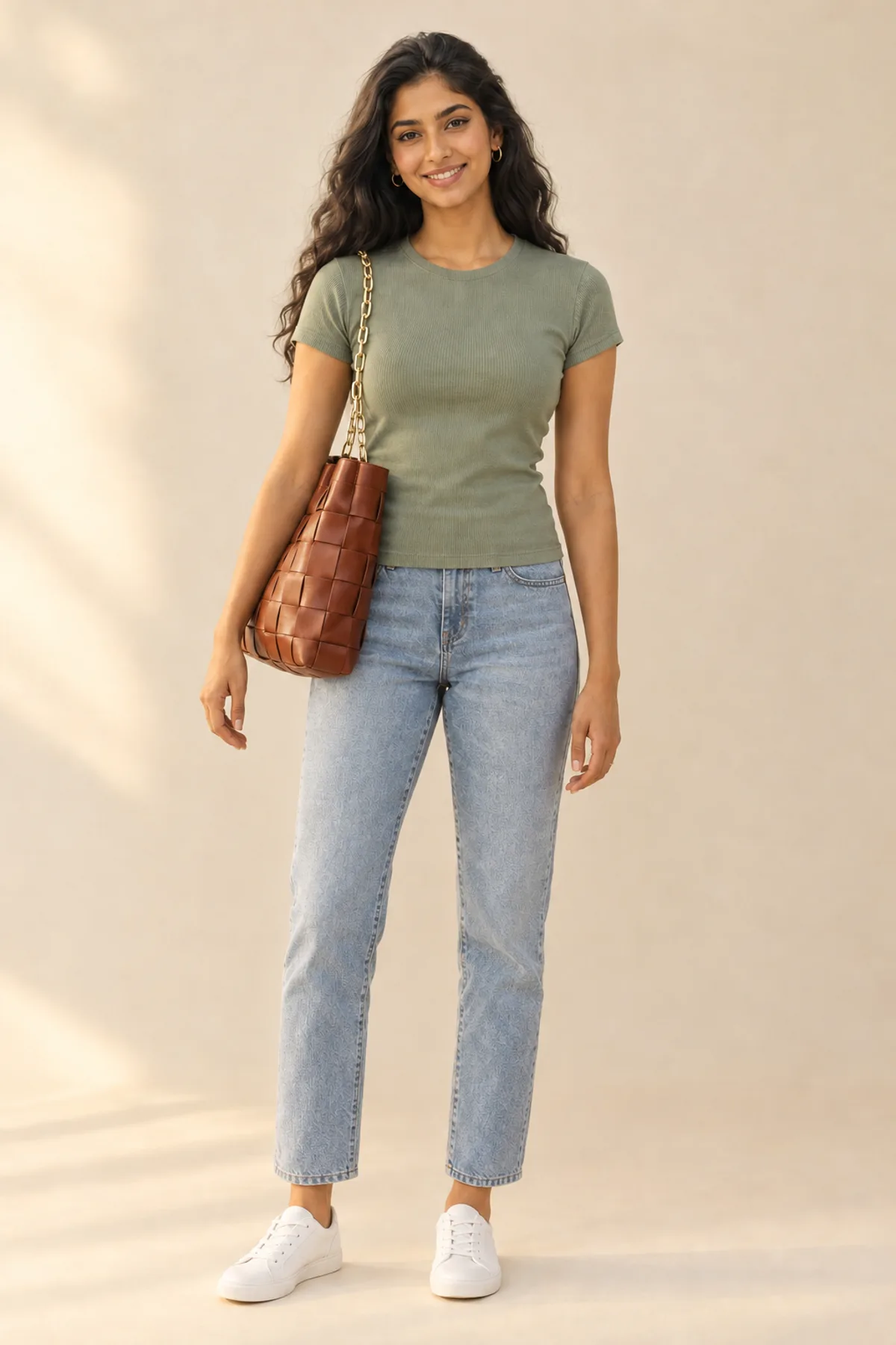 Layla, a fictional AI model, carrying a woven leather tote